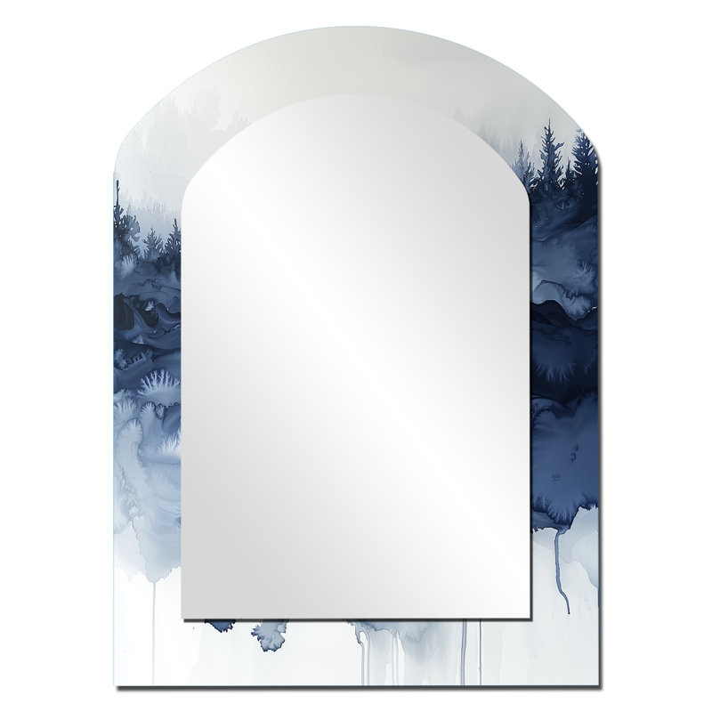 «Forest Winter River Silence Reflection», miroir décoratif à arche de forêt, miroir mural asymétrique traditionnel
