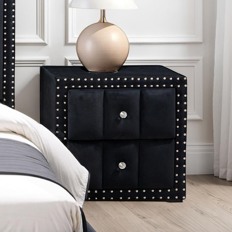 Table de chevet 1pce de style contemporain avec boutons en cristal, Noir