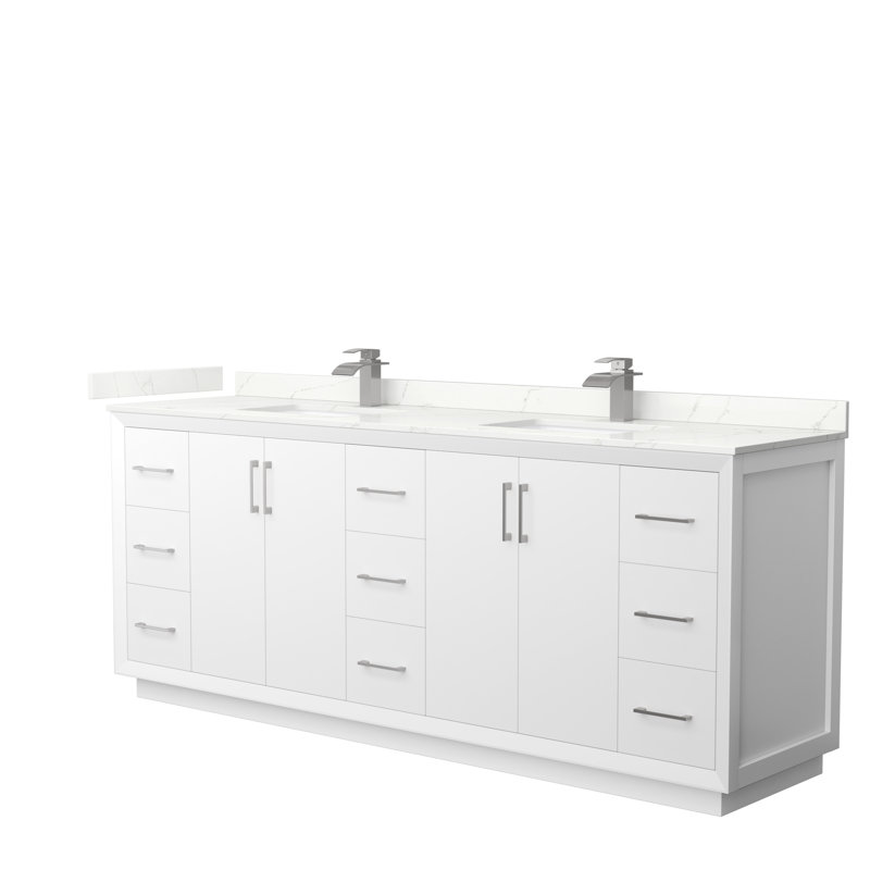 Strada 84'' Double Bathroom Vanity with Quartz Top, Satin Bronze, White, Giotto Quartz