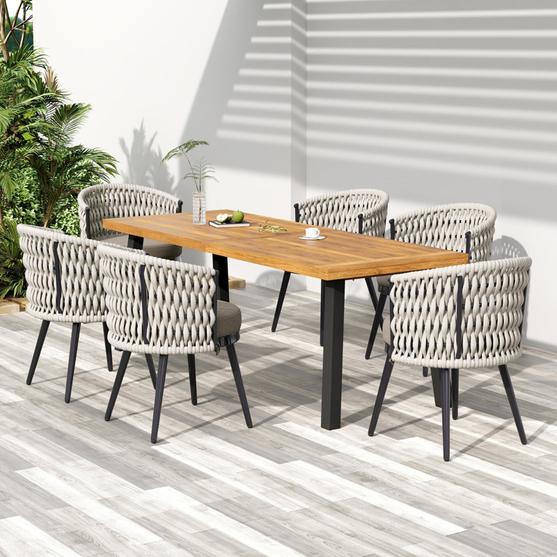 Ensemble de salle à manger confortable pour l'extérieur - Bois d'acacia et corde - Style moderne pour les patios