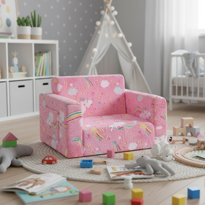 Kids Sofa, 2 In 1 Kids Fold Out Chair Convertible Sofa To Lounger, Pink Rainbow