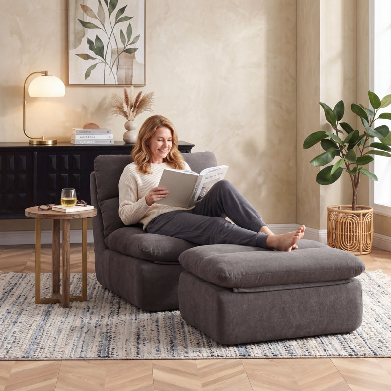Méridienne de 32 po de large avec repose-pieds et repose-pieds en mousse haute densité pour salon et chambre à coucher, Gray