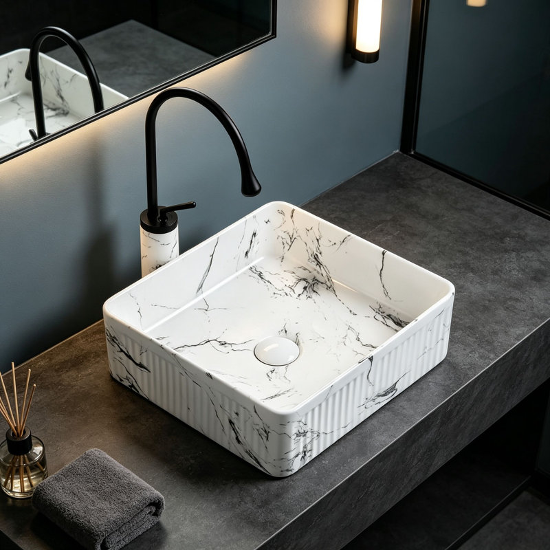 Lavabo de salle de bain vasque carrée en céramique noire avec robinet 14,76 pouces Topcraft