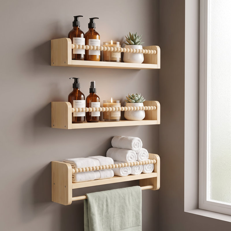 Ensemble de 3 étagères murales flottantes en bois naturel pour livres, jouets et articles de décoration. Idéales pour la chambre, le salon ou l'entrée.