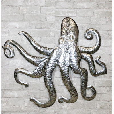 Silver Nautical Marine Deep Sea Octopus Tentacles Metal Wall Decor Plaque 31"L