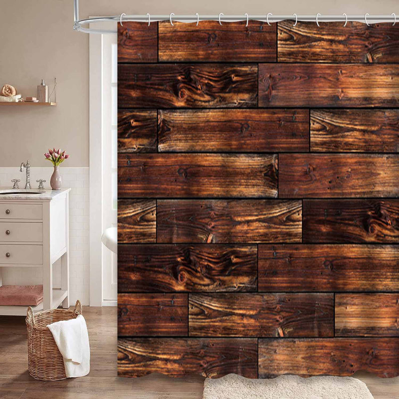 Rideau de douche imperméable rustique en bois à motif abstrait brun avec 12 crochets, L 72 po x l 84 po