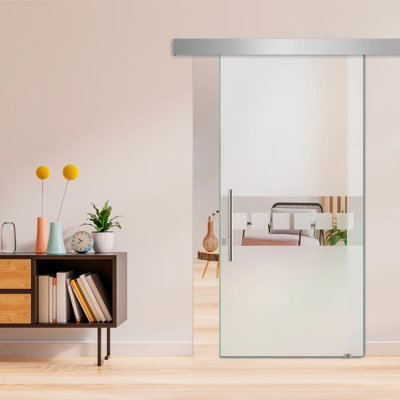 Porte de grange coulissante en verre sans cadre avec design moderne sablé et quincaillerie (semi-privée)