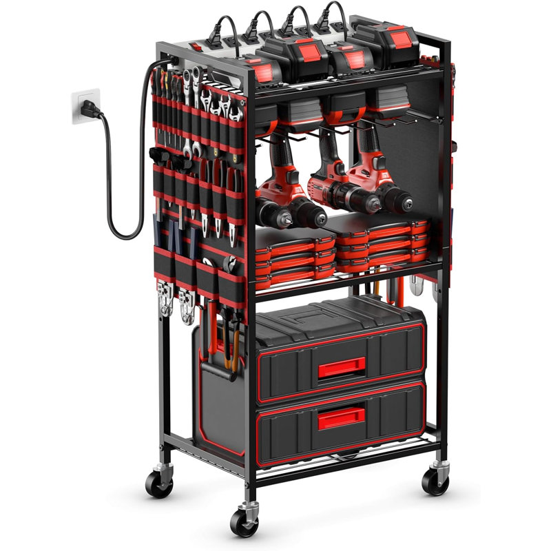 Grand chariot de rangement pour outils électriques avec station de charge, comprenant un support de rangement multifonctionnel avec une multiprise à 8 prises, rouge