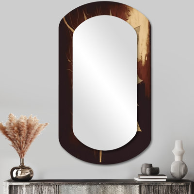 Eddington Terra Cotta Chocolate Leaves III - Forest Cylinder Mirror, Brown Asymmetrical Unique Wall Mirror, Printed Metal Art
