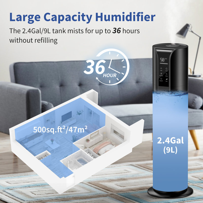 2.3 Gallons Cool Mist Ultrasonic Quiet Tower Humidifier with Filter Element for Living Room, Black