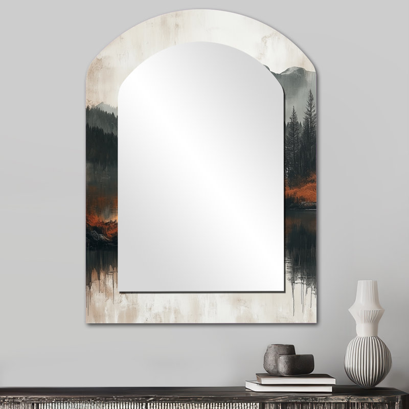 Gris, minimalisme de la Norvège, paysage d'hiver V - miroir décoratif Lake Arch, miroir mural asymétrique Lake House, impression sur métal