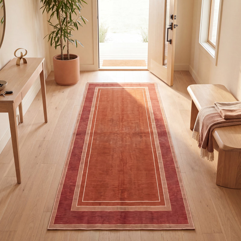 Tapis Rapids2 moderne, minimaliste, à bordure géométrique orange, rouge et crème, lavable à la machine, antidérapant, à poils courts, pour l'intérieur et l'extérieur, adapté aux animaux domestiques, idéal pour le salon, la chambre, la salle à manger, l'entrée, le couloir ou le bureau.