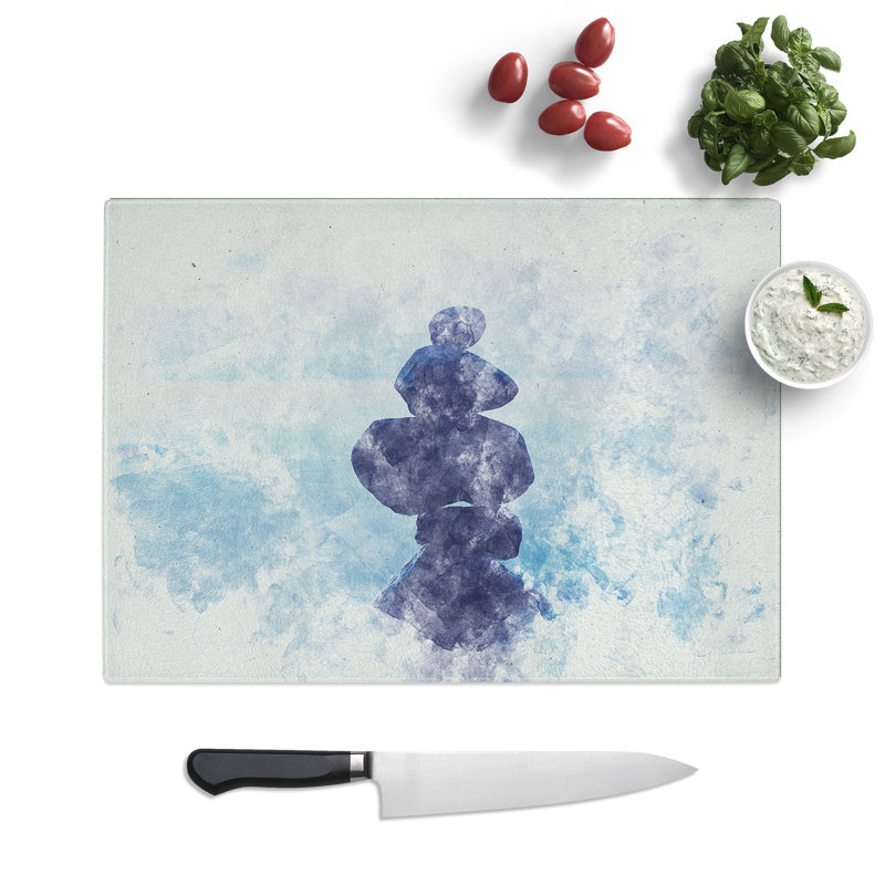 Tempered Glass Balancing Zen Stones upon a Lake Watercolour Chopping Board, 28.5 cm x 39 cm
