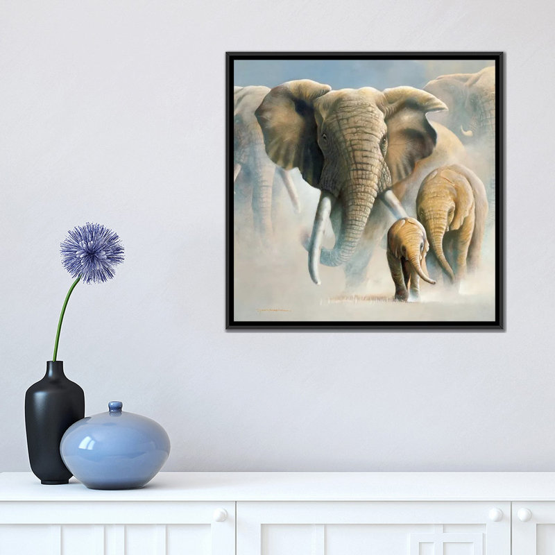 « running éléphants ii », impression sur toile, H 18 po x l 18 po x P 1,5 po, Toile avec cadre noir, Pas de tapis