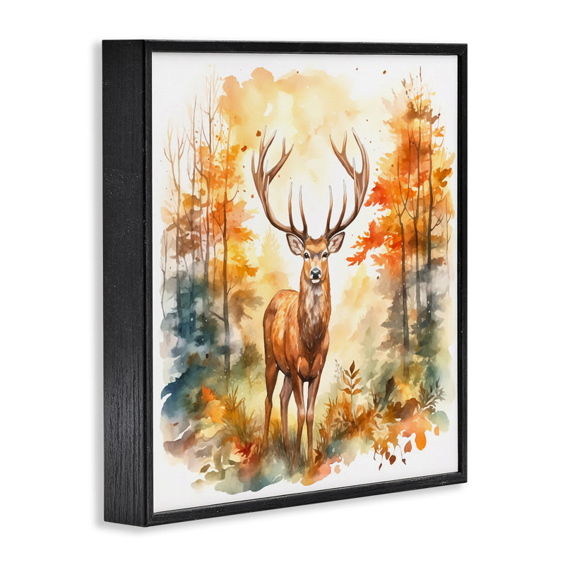 «Autumn Forest Stag», estampe numérique par Andrea Haase, H 12 po x l 12 po, Giclée encadrée noir minuit