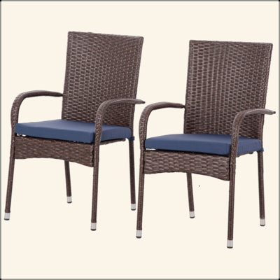 Chaises de salle à manger empilables en rotin avec coussins, ensemble de 2 chaises de patio en osier avec accoudoirs et dossier pour terrasse, terrasse