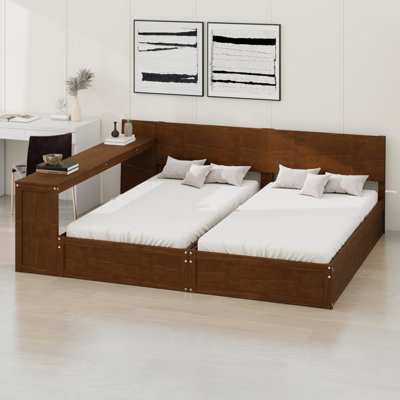 Platform bed frame set with adjustable storage desk and flexible shelf placement for shared bedrooms