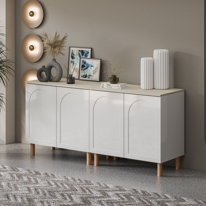 Bohem Sideboard with MDF Doors, White/Traverten, 34" H x 70" W x 20" D
