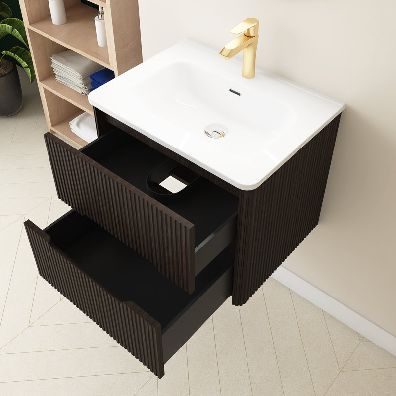 30 In. W X 18 In. D X 20 In. H Single Sink Wall-Mounted Bath Vanity  With White Ceramic Top, Black