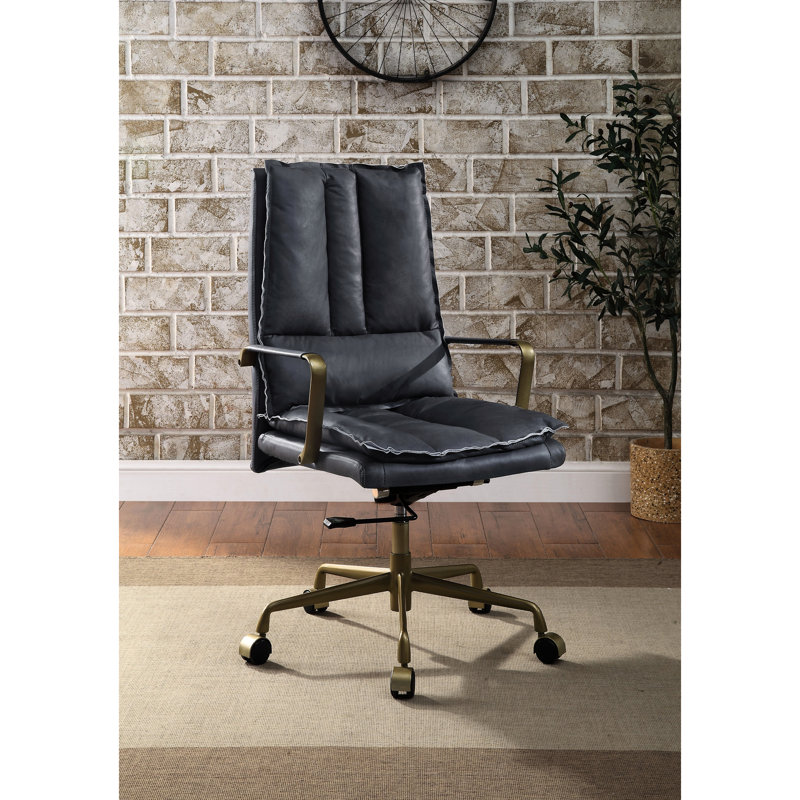 Chaise de bureau en cuir gris - pivotant à 360 degrés, hauteur de siège réglable, roulettes, base à 5 avec coussin, dossier charmant et dossier moderne