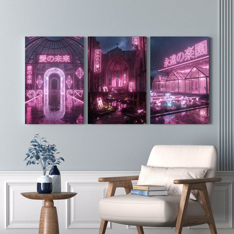 Ensemble de 3 tableaux muraux sur toile « Cathédrale néon rose », H 24 po x l 48 po