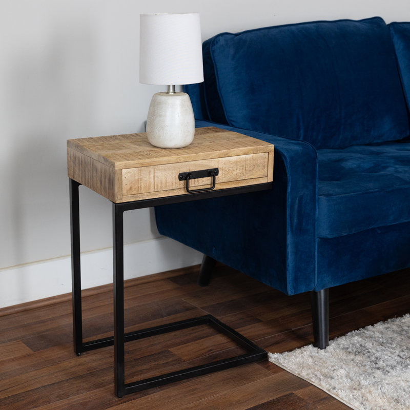 C-Shaped Mango Wood Side Table with Drawer, Metal Base, Rustic Accent Table, 24" Tall, Assembled