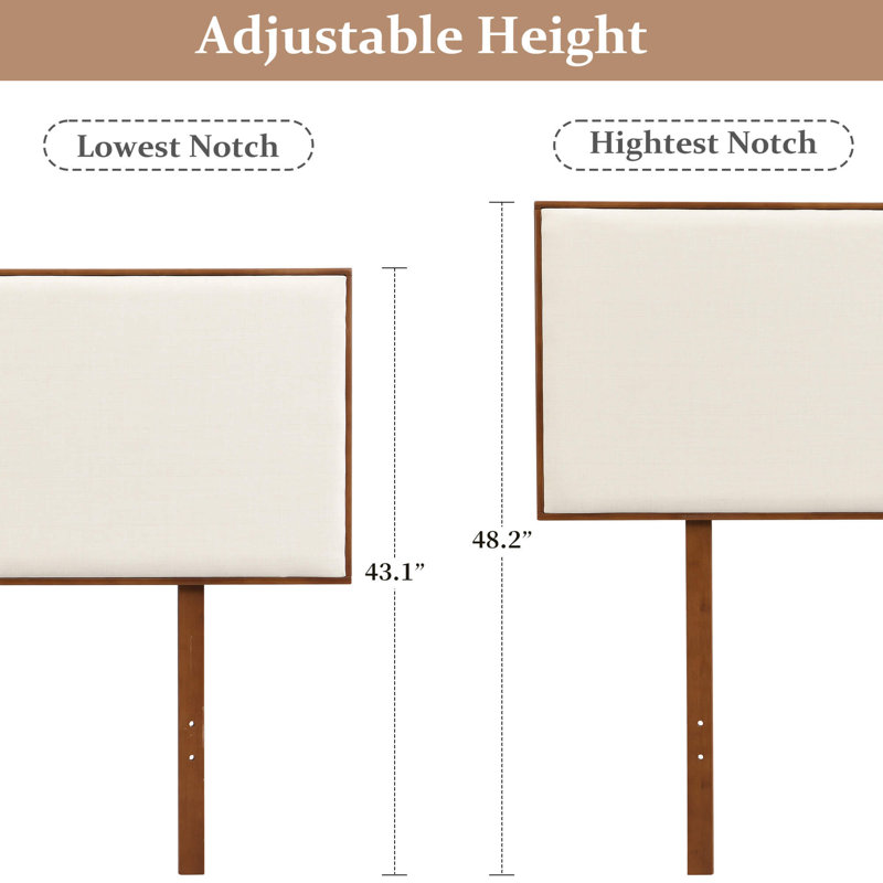 Queen Size Solid Bamboo Upholstered Headboard, Adjustable Height, Linen Cushion Rectangle Panel, Queen