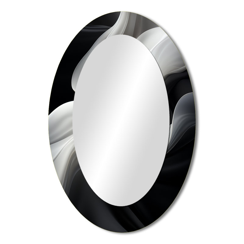 White Black Abstract Turbulence - Large Oval Wall Mirror On Metal, 36" x 24"
