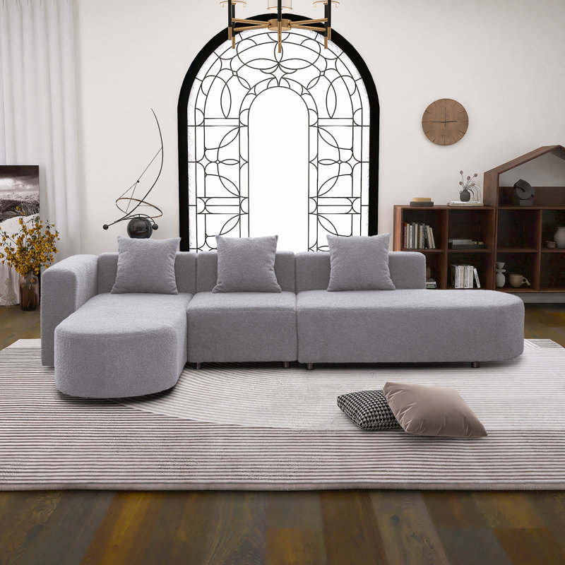 Elegant Modern Style L-shaped Boucle Sofa with 3 Pillows, Left Hand Return, Gray Polyester
