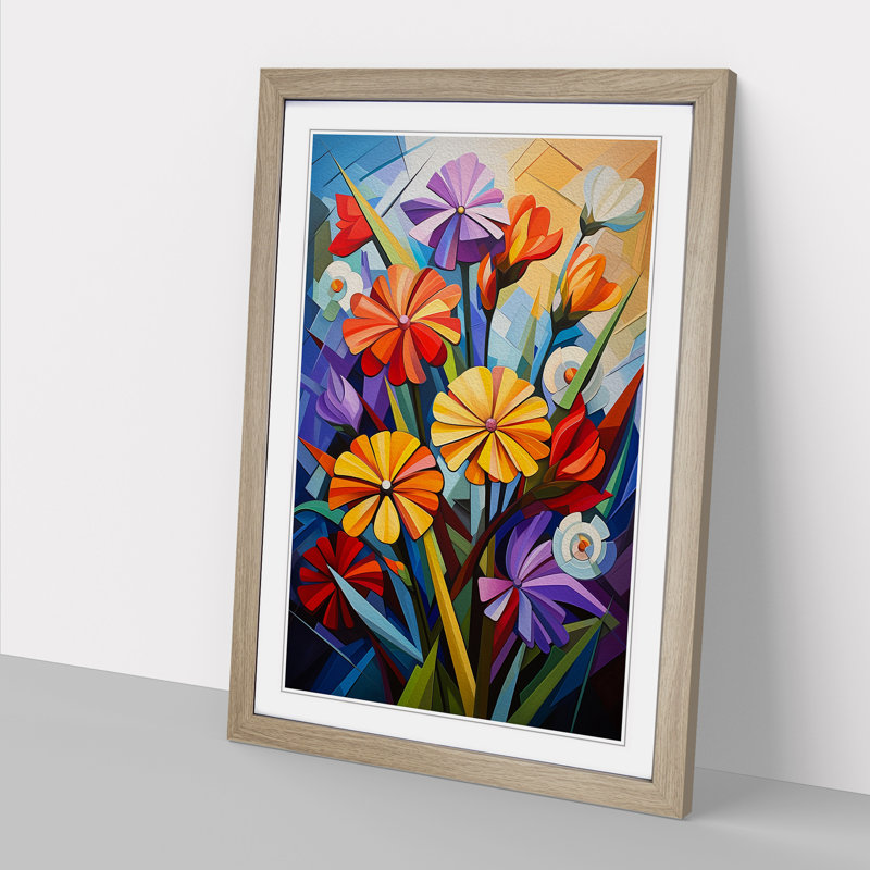 Wildflowers Cubism - Framed Print, 64cm H x 46cm W x 2cm D, Oak