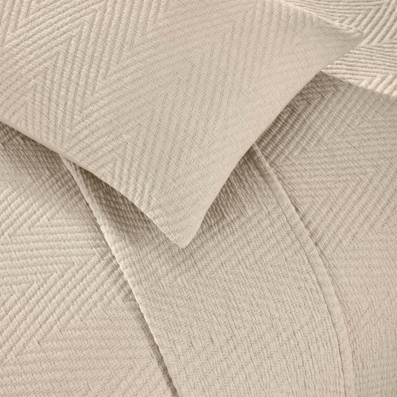 Beige Cotton Medium Weight Chevron Throw Coverlet