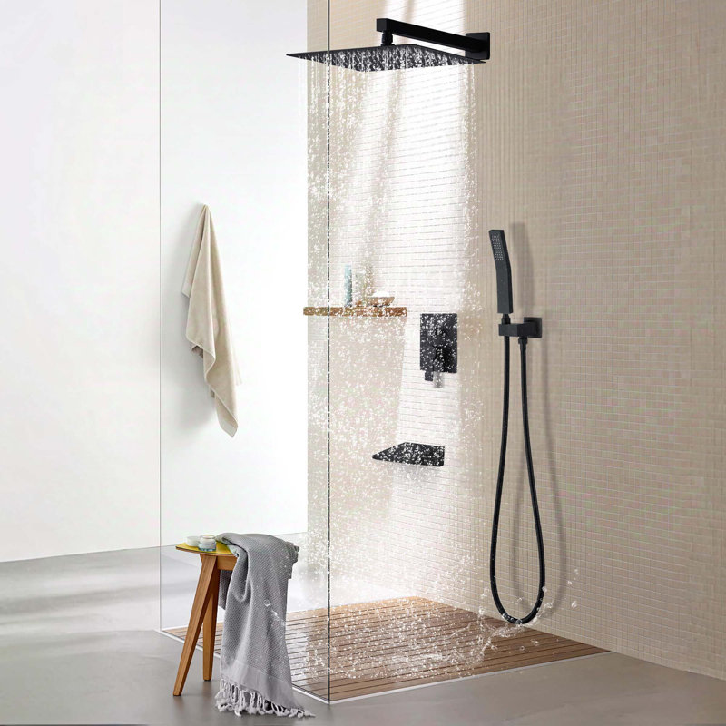 Système de robinet de douche mural moderne noir avec pomme de douche à pluie et ensemble de poignées