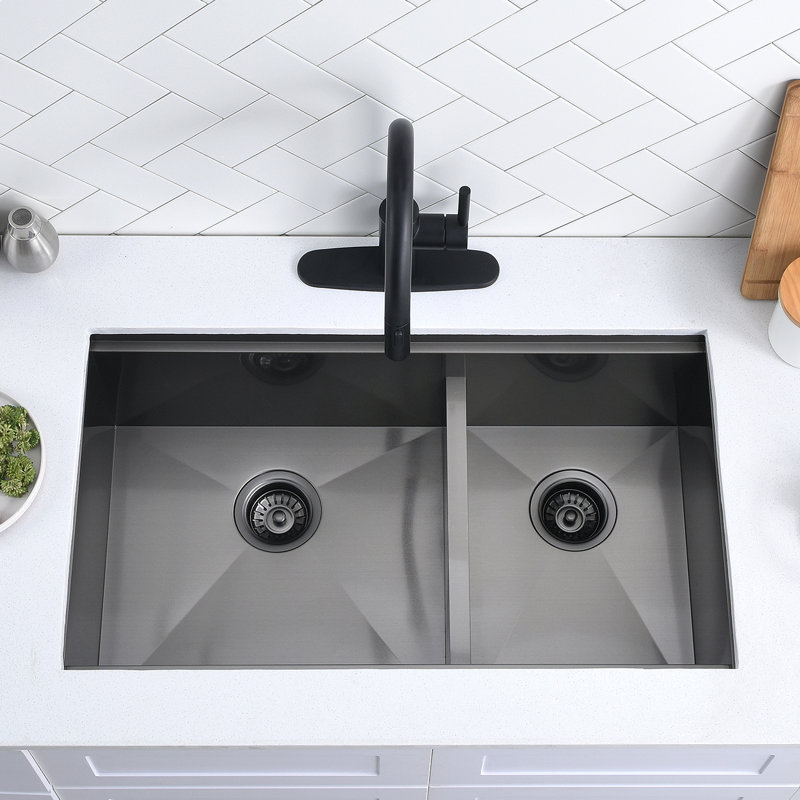 32 Black Undermount Double Bowl Kitchen Sink