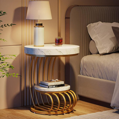 Round End Table, 2-Tier Modern Wood Side Table with Shelf Storage, Faux Marble Sofa Side Bedside Nightstand, Arc-Shaped Frame Accent Furniture for Liv