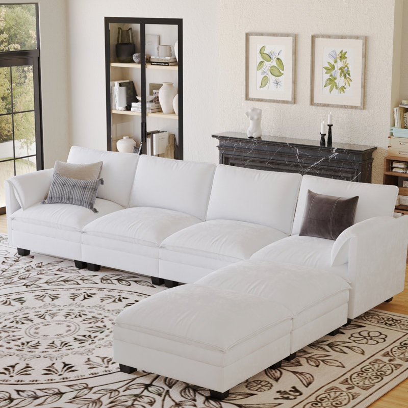 141.5'' Large Size 6 Seater U-Shaped Fabric Couch With Movable , Side Pocket Armrest, Breathable Skin-, Springs, Stable Hardware, Office Use Modern And Large, Beige, Comfortable Soft Support, Frame,