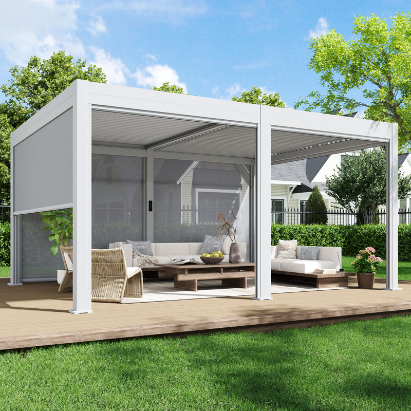 12' x 16' Outdoor Pergola with LED Lights, Aluminum Gazebo with Motorized Louvers & Side Screens for Patio, Backyard & Poolside, White