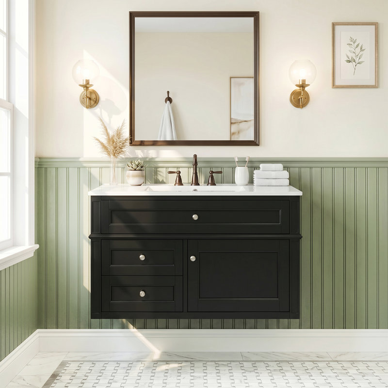 Meuble-lavabo mural en bois aggloméré 36 po à fermeture en douceur intégré avec tiroirs et lavabo simple en céramique à 3 trous 36 po