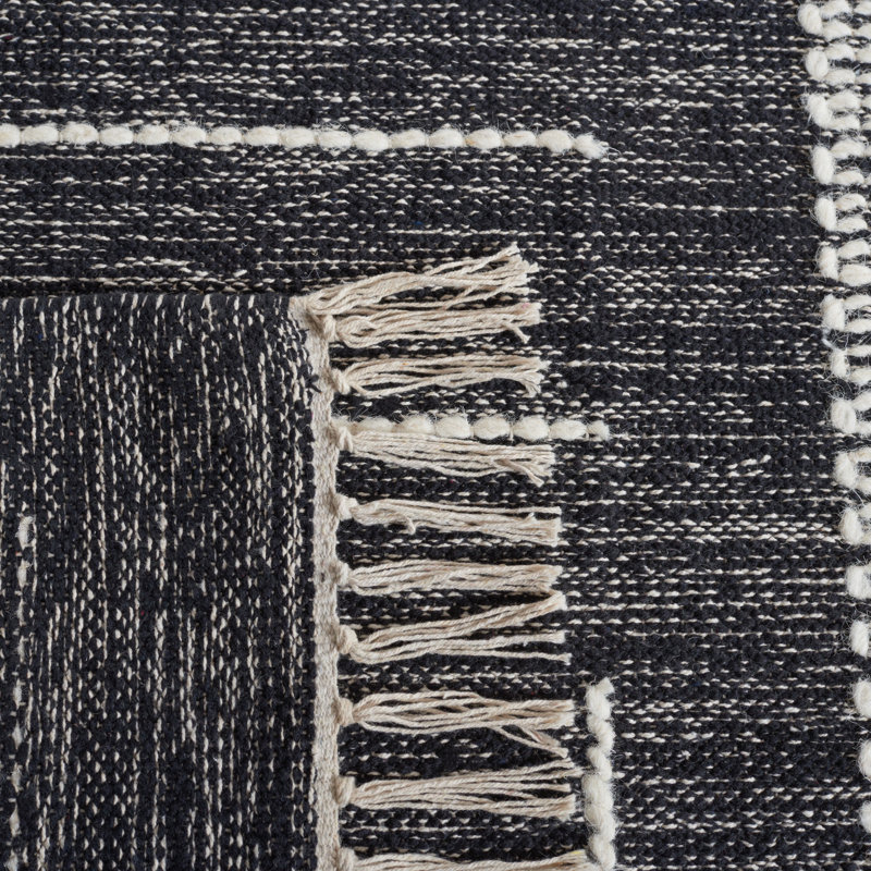 Flore Geometric Handmade Kilim Wool/Cotton Area Rug in Black/Ivory, Rectangle 5' x 8'