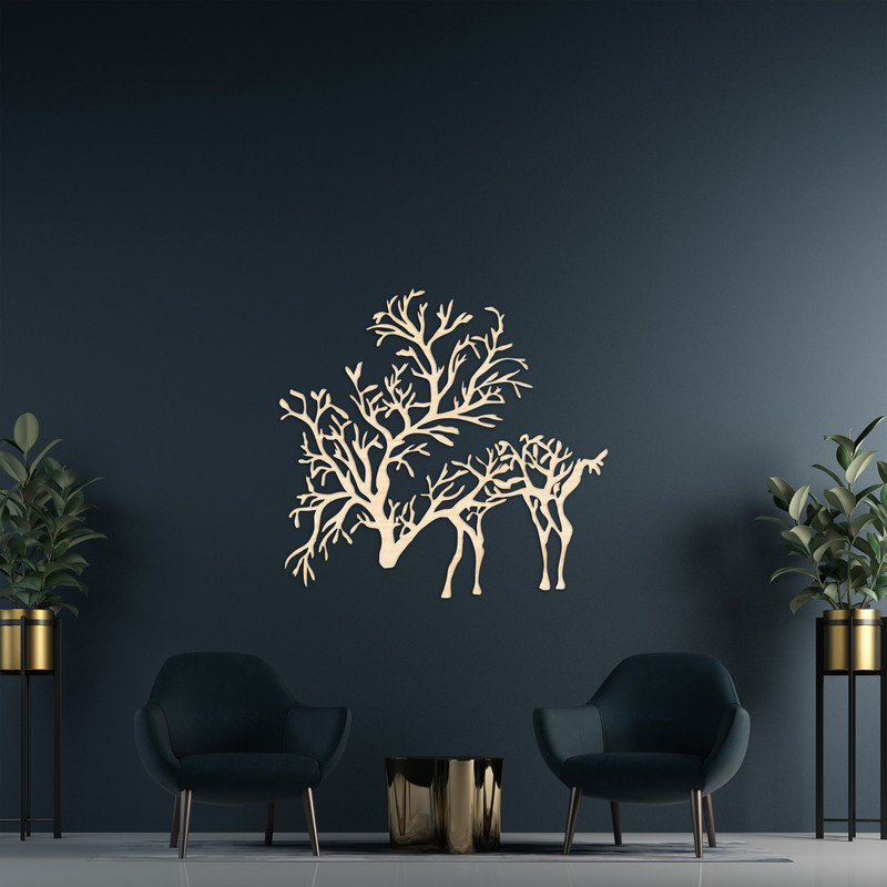 Art mural abstrait de cerf avec des bois de branche - ACM, Noir, H 30,1 po x l 32 po x P 0,25 po