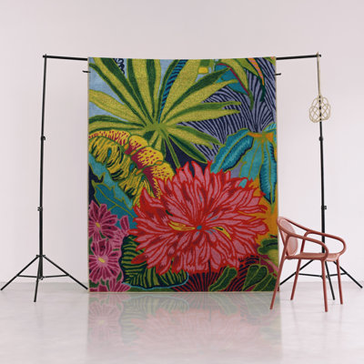Light-Toned Multi-Colored Tropical-Themed Plant and Flower Patterned Modern Decorative Rug