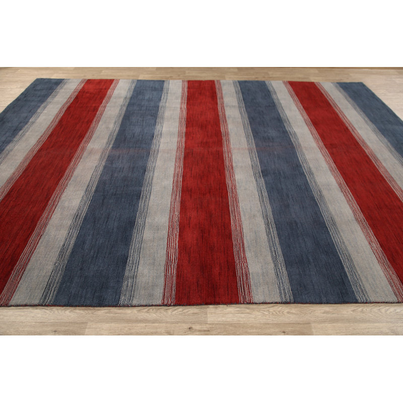 Tapis unique en laine noué à la main Gabbeh bleu / rouge / gris 9 pi x 12 pi 2 po New Age
