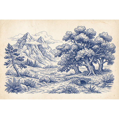 Blue Toile Landscape Wallpaper Mountains Vintage Engraving Wall Mural