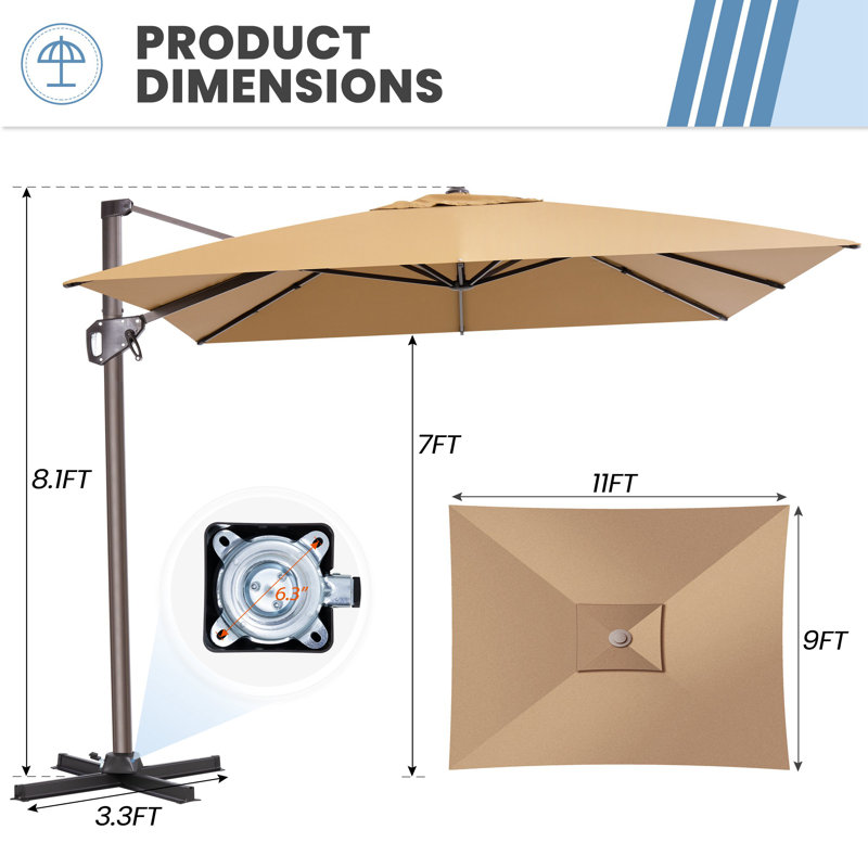 9' X 11' Outdoor Cantilver Umbrella, Weighted Base Not Included, Tanné