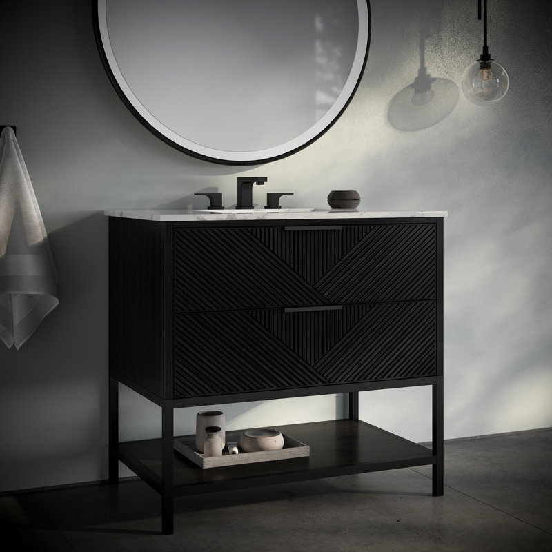 Diamond 36'' W Single Vanity, Calacatta Quartz, Charcoal Black, Matte Black