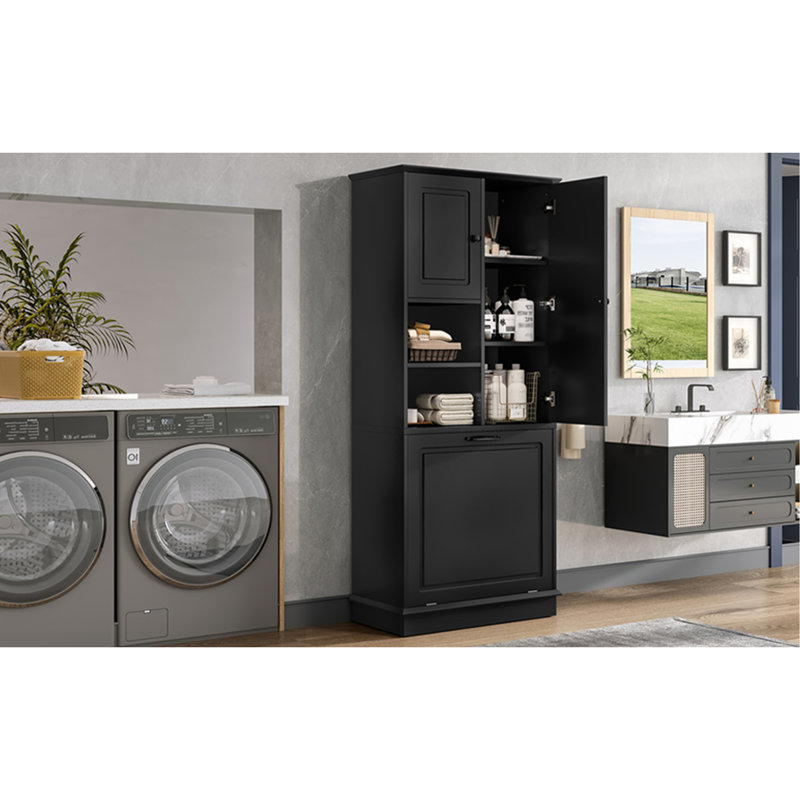 Tall Storage Cabinet With Adjustable Shelves, Large Flip-Out Basket & Enclosed Cabinets – For Bathroom, Living Room, Or Office, MDF Material With Aluminum Alloy Handles