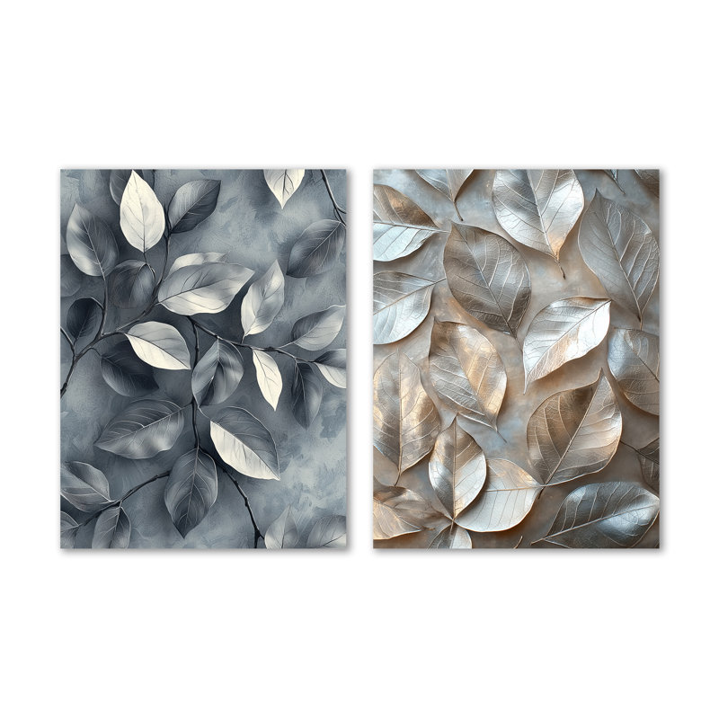 Cuivre, argent, feuilles d'étain I - art botanique gris 2 pièces - impression sur métal, 32" H x 48" W