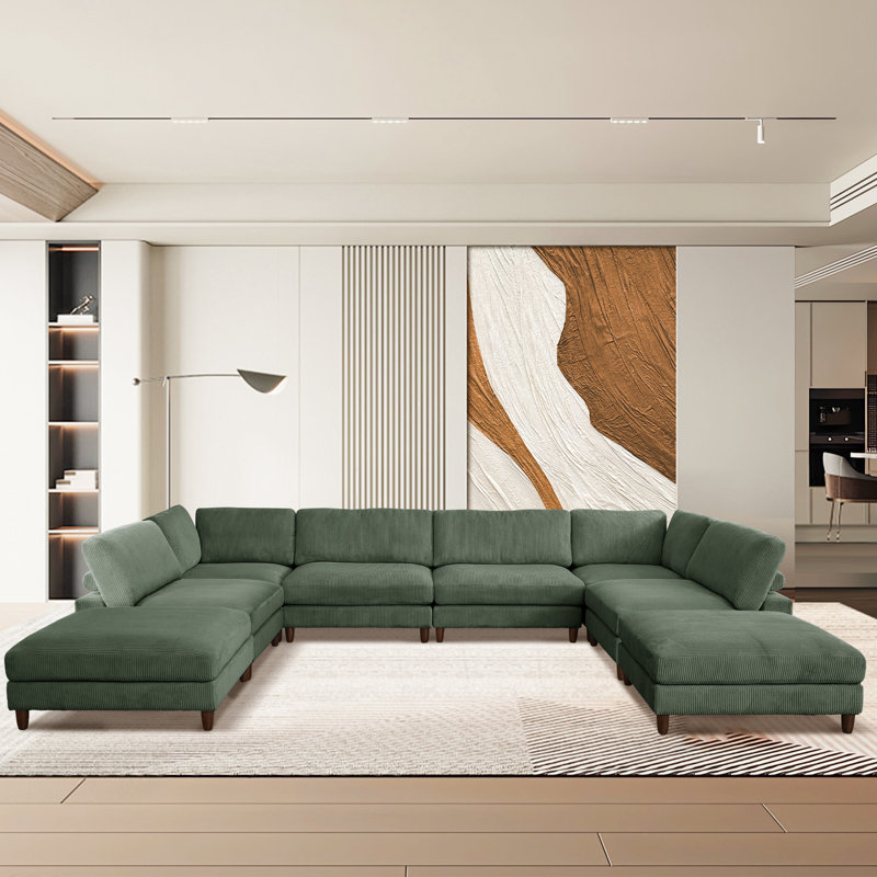 176" W 8-Piece Reversible Corduroy Modular Sectional , Green Corduroy