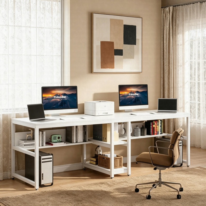 Bureau 78,7 po pour deux personnes, bureau double pour ordinateur avec bibliothèque et tablettes de rangement, Blanc