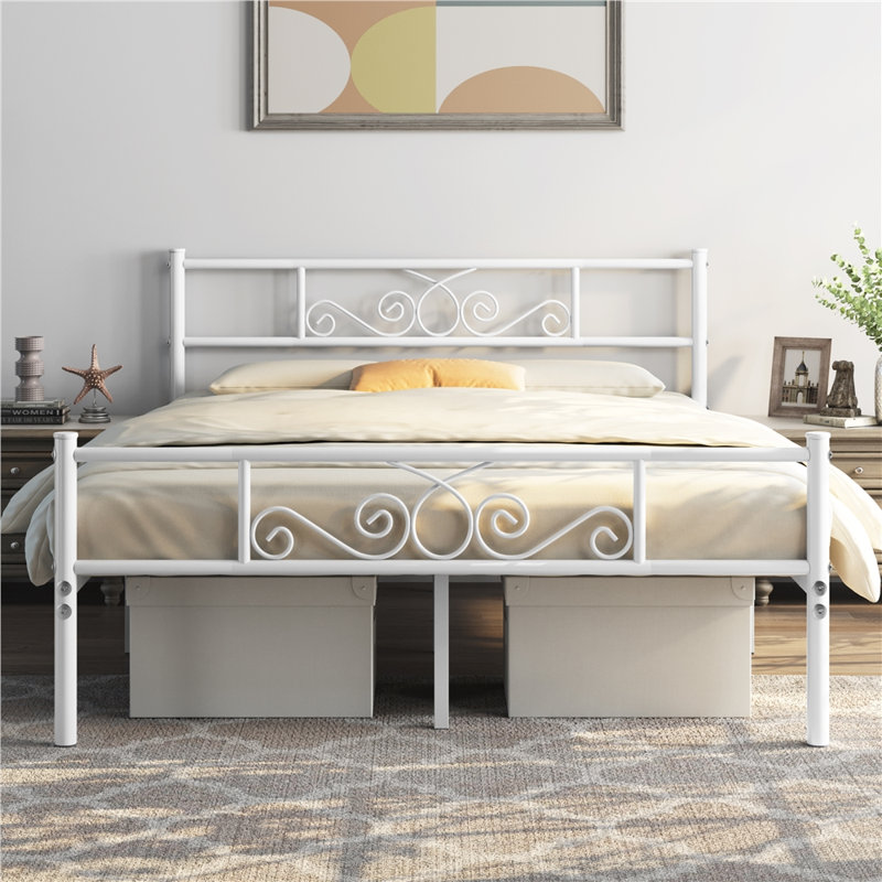 Graceful Scroll Platform Bed with Multiple Size and Color, Full, White