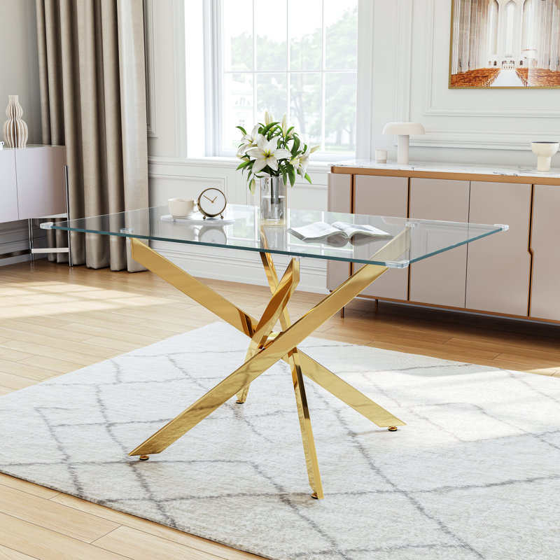 Modern Glass Dining Table Set For 4, 50" Rectangular Tempered Glass Dining Table With Velvet Upholstered Seats, Black/Gold